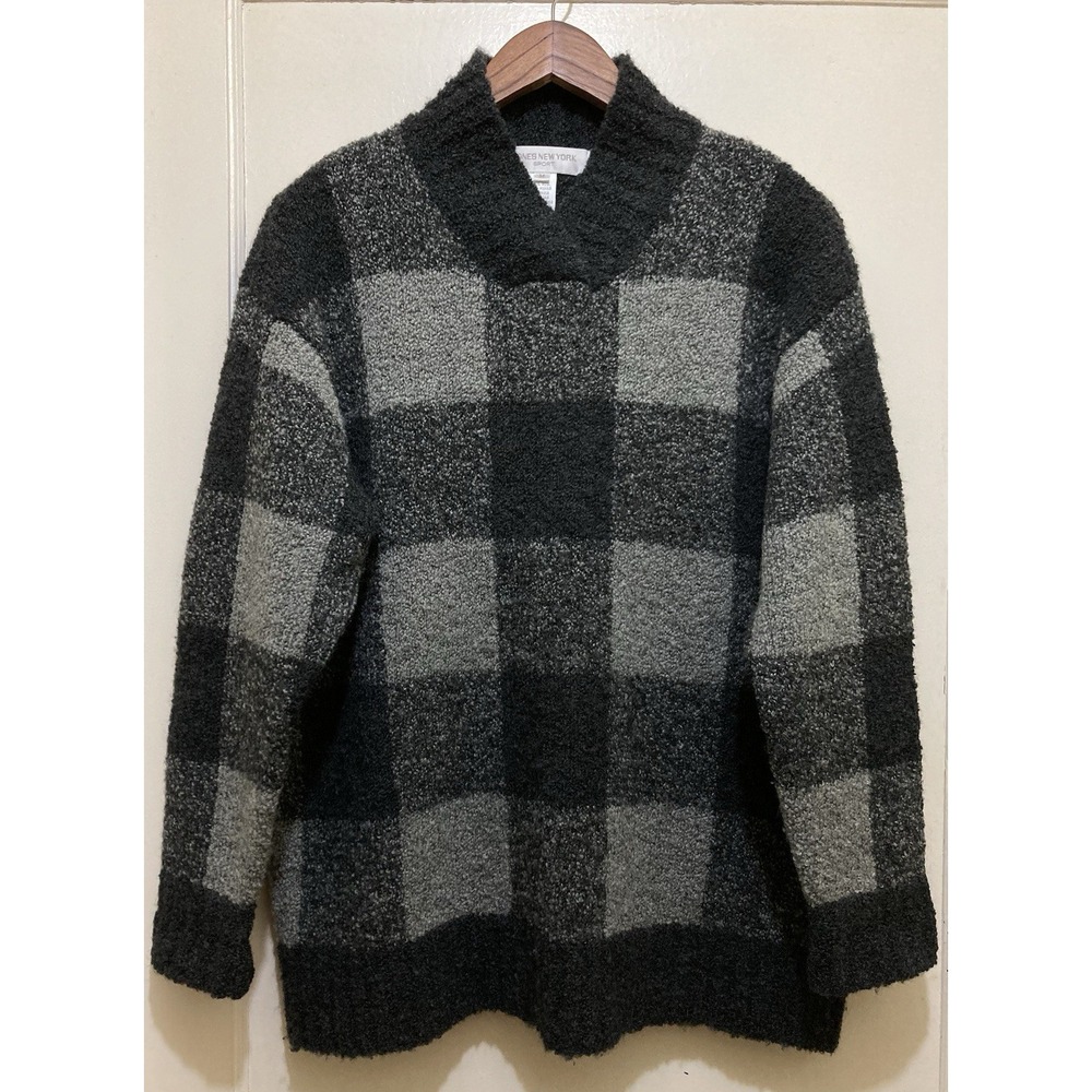 Jones New York Mohair Wool Boucle Sweater Womens M Gray Black Buffalo Check Cozy